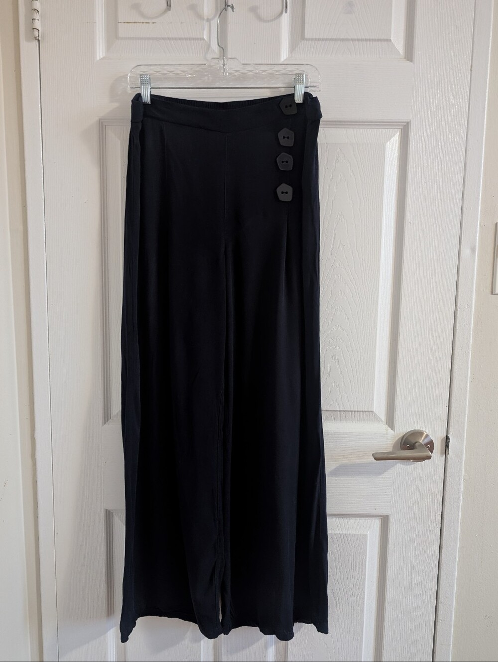 Navy Blue Wide Leg Pants Viscose  Minimalist Office Business Casual Boho Chic L
